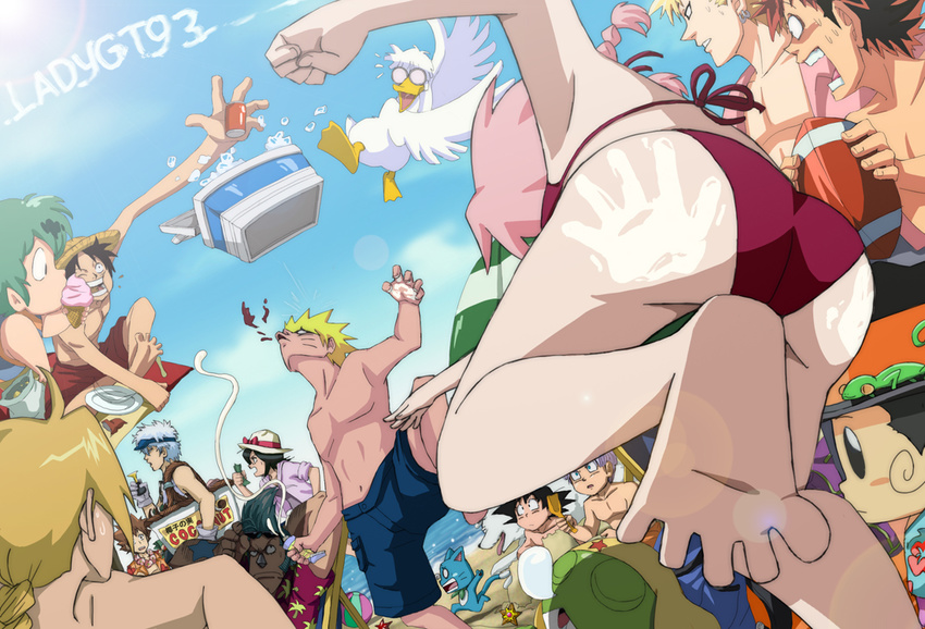 2girls 6+boys american_football_(object) artist_name ass ball barefoot beach bikini bird bleach blonde_hair blood commentary cooler crossover day dragon_ball dragon_ball_z duck edward_elric elasticity english_commentary eyeshield_21 fairy_tail food franky_(one_piece) fullmetal_alchemist gintama glasses handprint happy_(fairy_tail) hat hawaiian_shirt hiruma_youichi ice ice_cream katekyo_hitman_reborn! keroro keroro_gunsou kobayakawa_sena kuchiki_rukia ladygt93 leon_(reborn) lotion maison_ikkoku male_swimwear monkey_d._luffy mousse_(duck)_(ranma_1/2) mousse_(ranma_1/2) multiple_boys multiple_girls naruto naruto_(series) ocean one_piece outdoors photoshop_(medium) pokemon pokemon_(creature) ranma_1/2 reborn sakata_gintoki sakura_haruno sawada_tsunayoshi shirt shounen_jump soles son_goten souichirou_(dog) staryu stretched_limb sunscreen swim_trunks swimsuit ten_(urusei_yatsura) trunks_(dragon_ball) urusei_yatsura uzumaki_naruto water