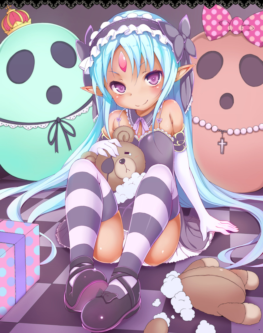 absurdres bad_id bad_pixiv_id blue_hair blush elbow_gloves eyepatch female forehead_jewel gloves hairband highres kalar_(race) long_hair miotama panties pointy_ears purple_eyes purple_thighhighs rance_(series) rance_quest reset_kalar shoes smile solo striped_clothes striped_thighhighs stuffed_animal stuffed_toy teddy_bear thighhighs underwear white_gloves white_panties