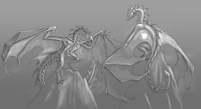 aaros ambiguous_gender dragon duo european_mythology feral greyscale hi_res khyaber_(character) membrane_(anatomy) membranous_wings monochrome morghus mythological_creature mythological_scalie mythology nude open_mouth scalie tail teeth western_dragon wings wyvern