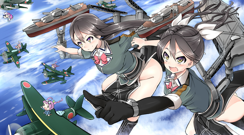 2girls aichi_e13a bow brown_hair chikuma_(kancolle) chikuma_kai_ni_(kancolle) cloud commentary_request day e16a_zuiun elbow_gloves fairy_(kancolle) gloves goggles goggles_on_head hair_ribbon hairbow kantai_collection long_hair mitsubishi_f1m_pete multiple_girls no_panties ocean pelvic_curtain pointing ribbon seaplane single_elbow_glove sky sukage sun tone_(kancolle) tone_kai_ni_(kancolle) twintails type_0_observation_seaplane type_0_reconnaissance_seaplane zuiun_(kancolle)