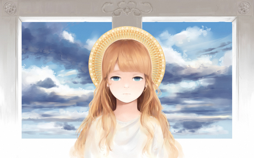 angel blonde_hair blue_eyes blue_sky brown_hair cloud cloudy_sky commentary_request dress female half-closed_eyes halo long_hair looking_at_viewer original photoshop_(medium) sebastian_(artist) sky solo white_dress window