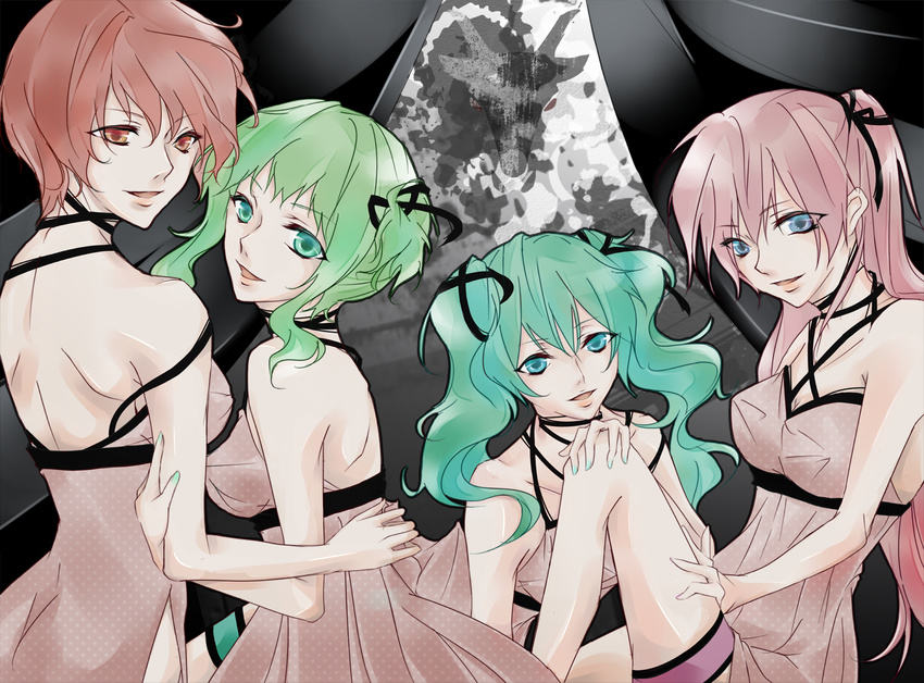 4girls aqua_eyes aqua_hair bad_id bad_pixiv_id blue_eyes brown_eyes brown_hair dress evillious_nendaiki green_eyes green_hair gumi gumina_glassred hair_ribbon hatsune_miku long_hair lukana_octo maylis_beelzenia megurine_luka meiko_(vocaloid) mikulia_calgaround multiple_girls pink_hair ribbon sakurai_(hai_haru) short_hair smile venomania_kou_no_kyouki_(vocaloid) vocaloid