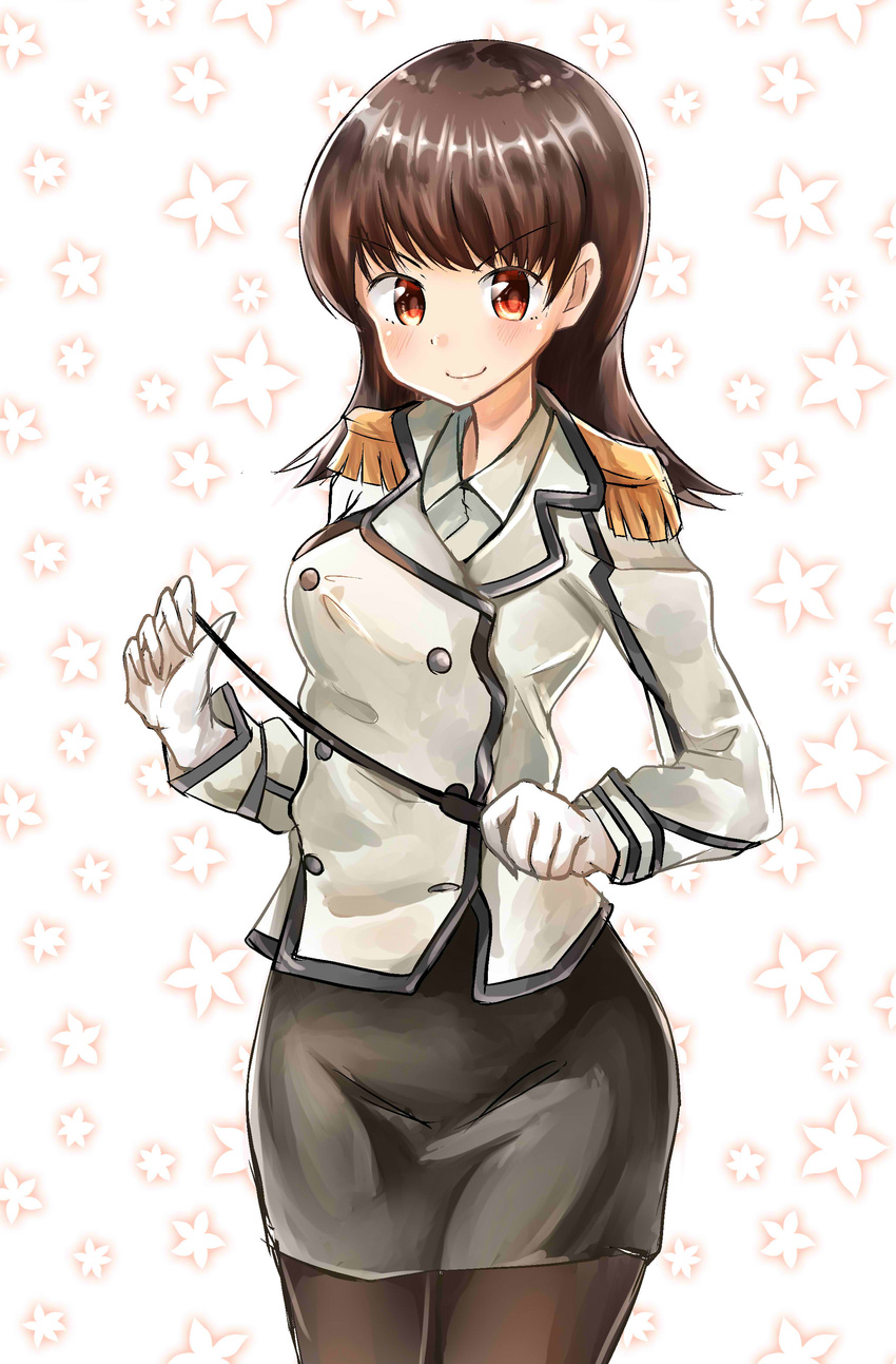 absurdres alternate_costume black_pantyhose black_skirt breasts brown_hair collared_shirt commentary cosplay epaulettes female gloves highres holding holding_pointer kantai_collection katori_(kancolle) katori_(kancolle)_(cosplay) kazu_(really_in_hot_water_now) large_breasts long_hair looking_at_viewer military military_uniform ooi_(kancolle) pantyhose pointer red_eyes shirt skirt smile solo uniform white_gloves