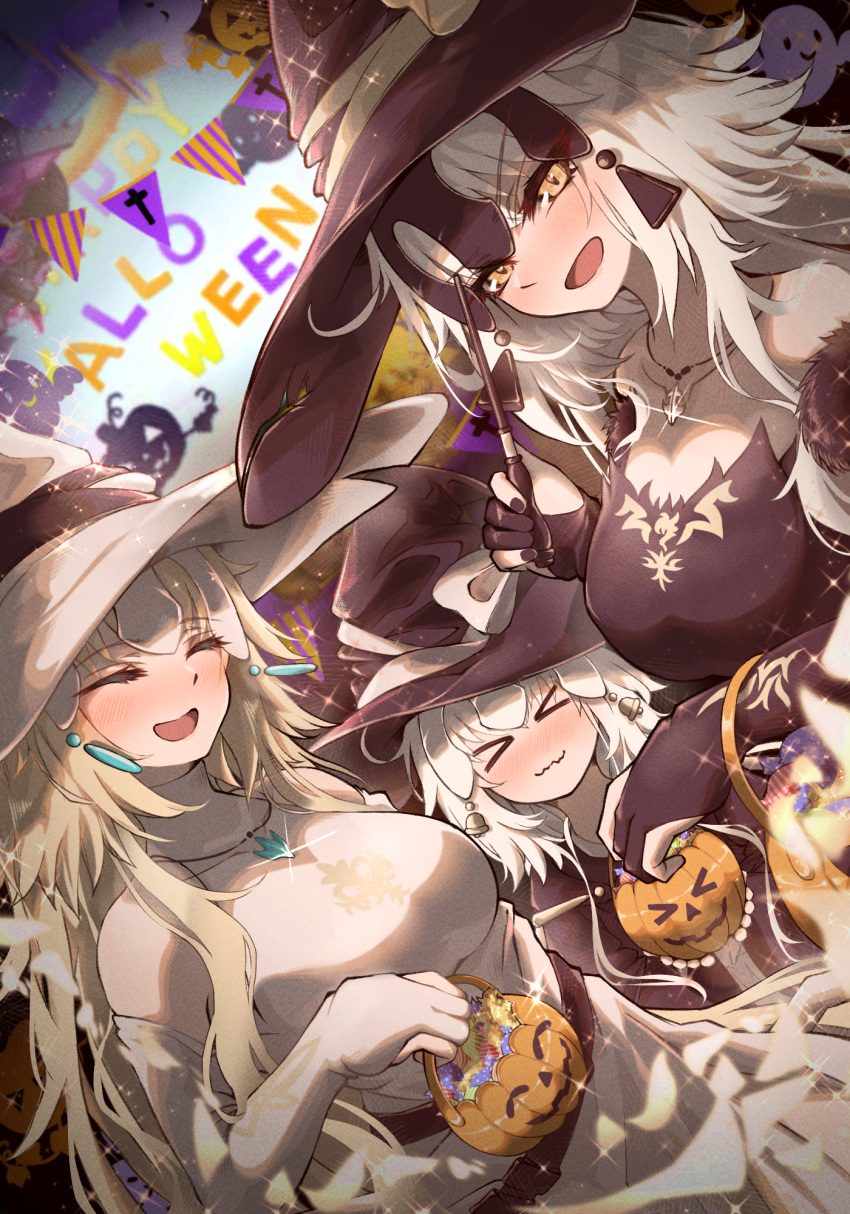 3girls bare_shoulders bell black_headwear blonde_hair blush breasts bridal_gauntlets candy closed_eyes closed_mouth detached_sleeves fate/apocrypha fate/grand_order fate_(series) food halloween hat headpiece highres jack-o'-lantern jeanne_d'arc_(fate) jeanne_d'arc_(ruler)_(fate) jeanne_d'arc_alter_(avenger)_(fate) jeanne_d'arc_alter_(fate) jeanne_d'arc_alter_santa_lily_(fate) jingle_bell large_breasts long_hair looking_at_viewer multiple_girls open_mouth ponytail pumpkin ru_251 small_breasts smile sparkle very_long_hair wand wavy_mouth white_hair white_headwear witch_hat yellow_eyes