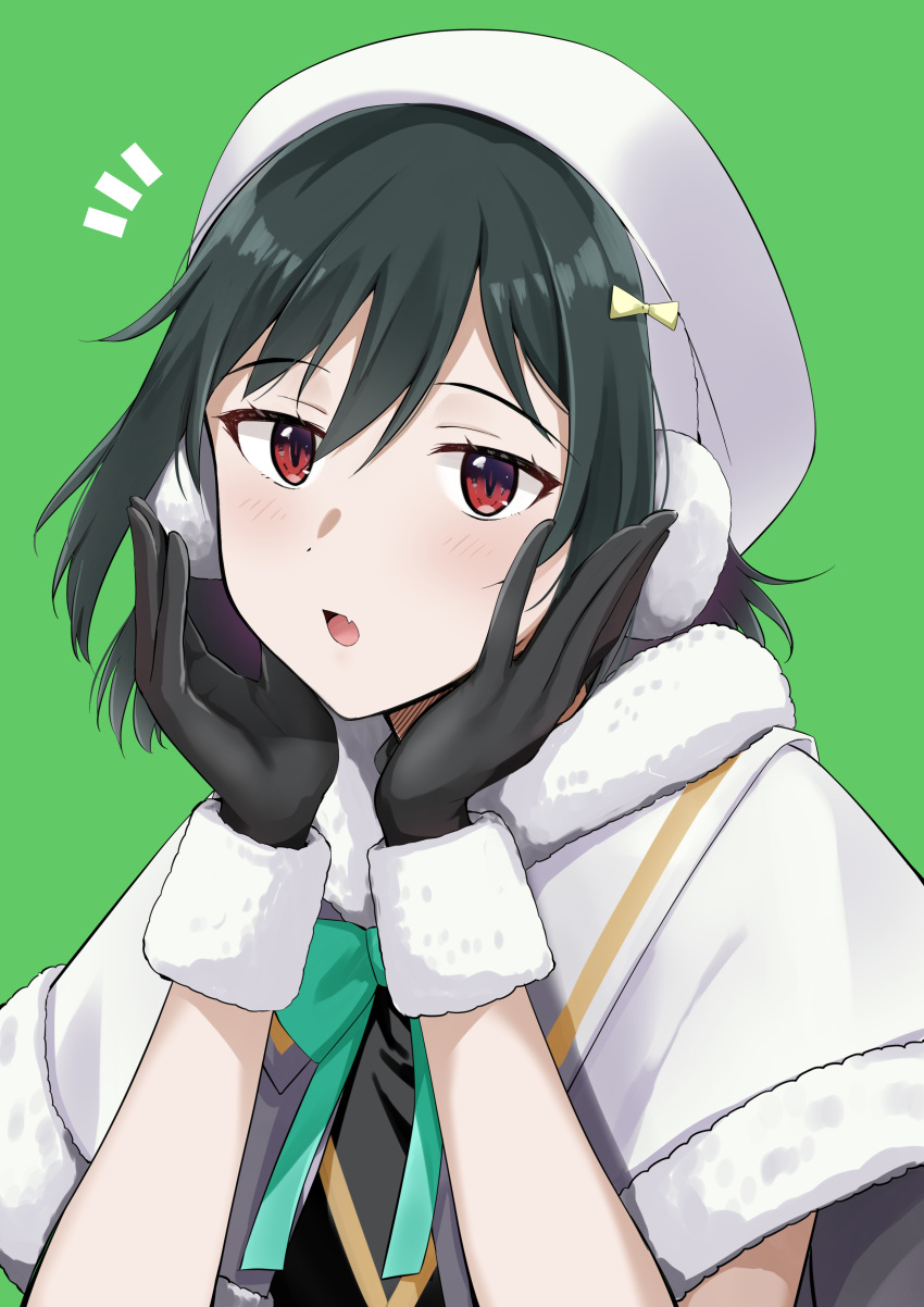 absurdres black_gloves black_hair bow bowtie colorful_dreams!_colorful_smiles!_(love_live!) commentary earmuffs female gloves green_background green_bow hair_ribbon highres kitaku_(nakamachi_machi) love_live! love_live!_nijigasaki_high_school_idol_club mifune_shioriko oerba_yun_fang orange_eyes red_eyes ribbon short_hair solo swept_bangs white_hair winter_clothes