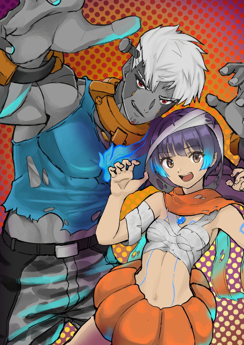 1boy absurdres bandages belt blue_hair breasts brown_eyes claw_pose collar colored_skin cosplay crop_top female frankenstein's_monster frankenstein's_monster_(cosplay) grey_hair grey_skin halloween_costume highres karian909 lanz_(xenoblade) metal_collar midriff object_through_head polka_dot polka_dot_background pumpkin red_eyes scarf screw_in_head sena_(xenoblade) shirt side_ponytail small_breasts torn_clothes torn_shirt xenoblade_chronicles_(series) xenoblade_chronicles_3