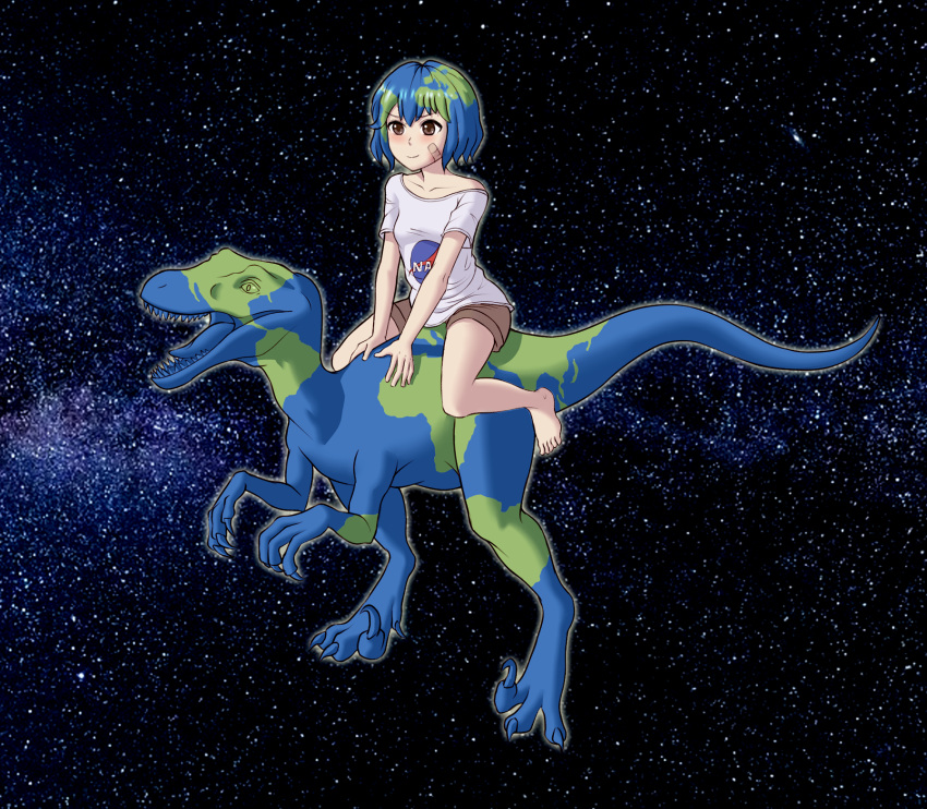 anonbardos atrociraptor barefoot blue_hair breasts brown_eyes brown_shorts closed_mouth commentary dinosaur earth-chan english_commentary feet female green_hair highres meme nasa_logo off-shoulder_shirt off_shoulder original prehistoric_animal raptor shirt short_hair shorts small_breasts smile space toes white_shirt