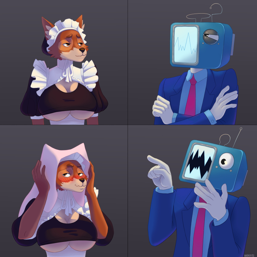 1:1 4_panel_comic absurd_res anthro big_breasts blush breasts canid canine clothing disney duo electronics female for_a_head fox headgear headwear hi_res kelnich maid_headdress maid_marian maid_uniform male male/female mammal meme multicolored_body narrowed_eyes necktie nikkosha object_head open_mouth perry_the_platypus phineas_and_ferb red_fox red_necktie robin_hood_(disney) screen screen_face screen_head squint suit surprised_expression television true_fox tv_head two_tone_body under_boob uniform