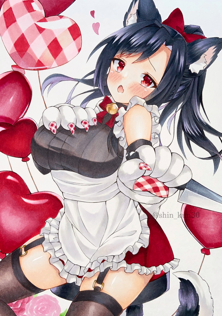 absurdres animal_ears animal_hands azur_lane balloon black_garter_straps black_hair bow breasts brown_thighhighs dress female framed_breasts garter_straps hairbow hand_on_own_chest heart_balloon highres lace-trimmed_legwear lace_trim long_hair looking_at_viewer marker_(medium) oerba_yun_fang official_alternate_costume open_mouth red_bow red_eyes shigure_(azur_lane) shigure_(lucky_chocolate)_(azur_lane) shin_kun30 simple_background skin_fang solo tail thighhighs traditional_media white_background white_dress wolf_ears wolf_girl wolf_tail