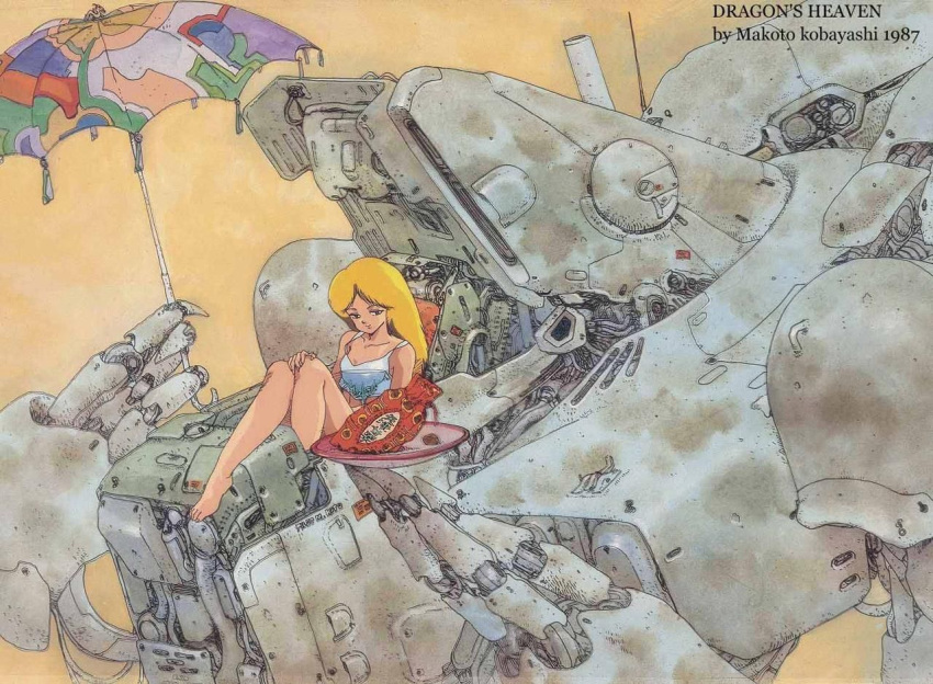 1980s_(style) 1987 aic artist_name bad_link bag bare_legs barefoot blonde_hair blue_eyes closed_mouth cockpit copyright_name cyberpunk damaged dated dirty dragon dragon's_heaven english_text female food hand_on_own_knee holding holding_umbrella ikuuru kobayashi_makoto_(illustrator) legs logo long_hair looking_at_viewer machinery mecha moebius_(style) official_art open_hatch parasol pilot_chair plate production_art promotional_art retro_artstyle robot scan shaian_(robot) simple_background sitting smile tank_top umbrella yellow_background