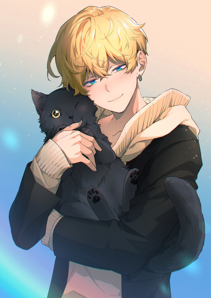 1boy absurdres animal black_cat black_jacket blue_background blue_eyes blush brown_background brown_sweater closed_mouth earrings fangs feline gradient_background hand_up highres holding holding_animal holding_cat jacket jewelry long_sleeves looking_at_viewer male_focus matsuno_chifuyu nanin one_eye_closed short_hair smile solo sweater tokyo_revengers