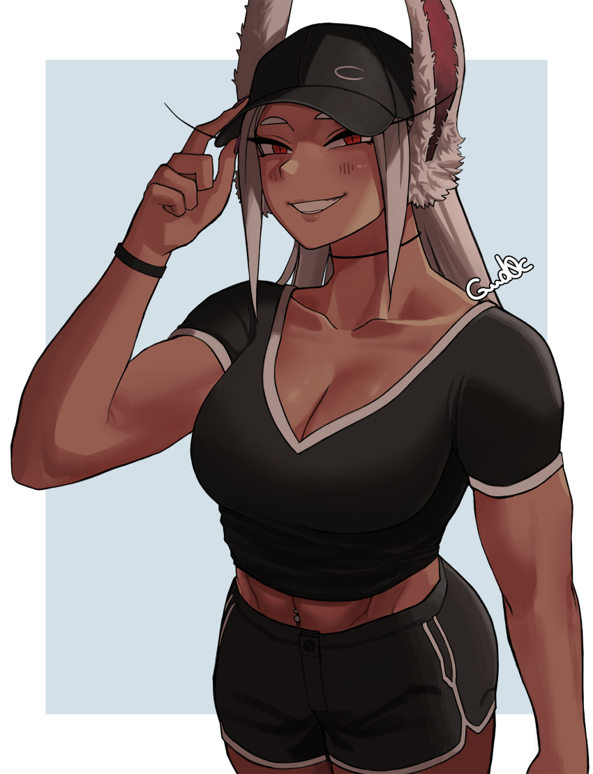 absurdres adjusting_clothes adjusting_headwear animal_ears baseball_cap black_shirt black_shorts boku_no_hero_academia border bracelet breasts cleavage collarbone commentary dark-skinned_female dark_skin eyelashes female grin gud0c hat highres jewelry long_hair looking_at_viewer mirko muscular muscular_female navel navel_piercing piercing rabbit_ears rabbit_girl red_eyes shirt short_sleeves shorts sidelocks simple_background slit_pupils smile solo white_border white_hair