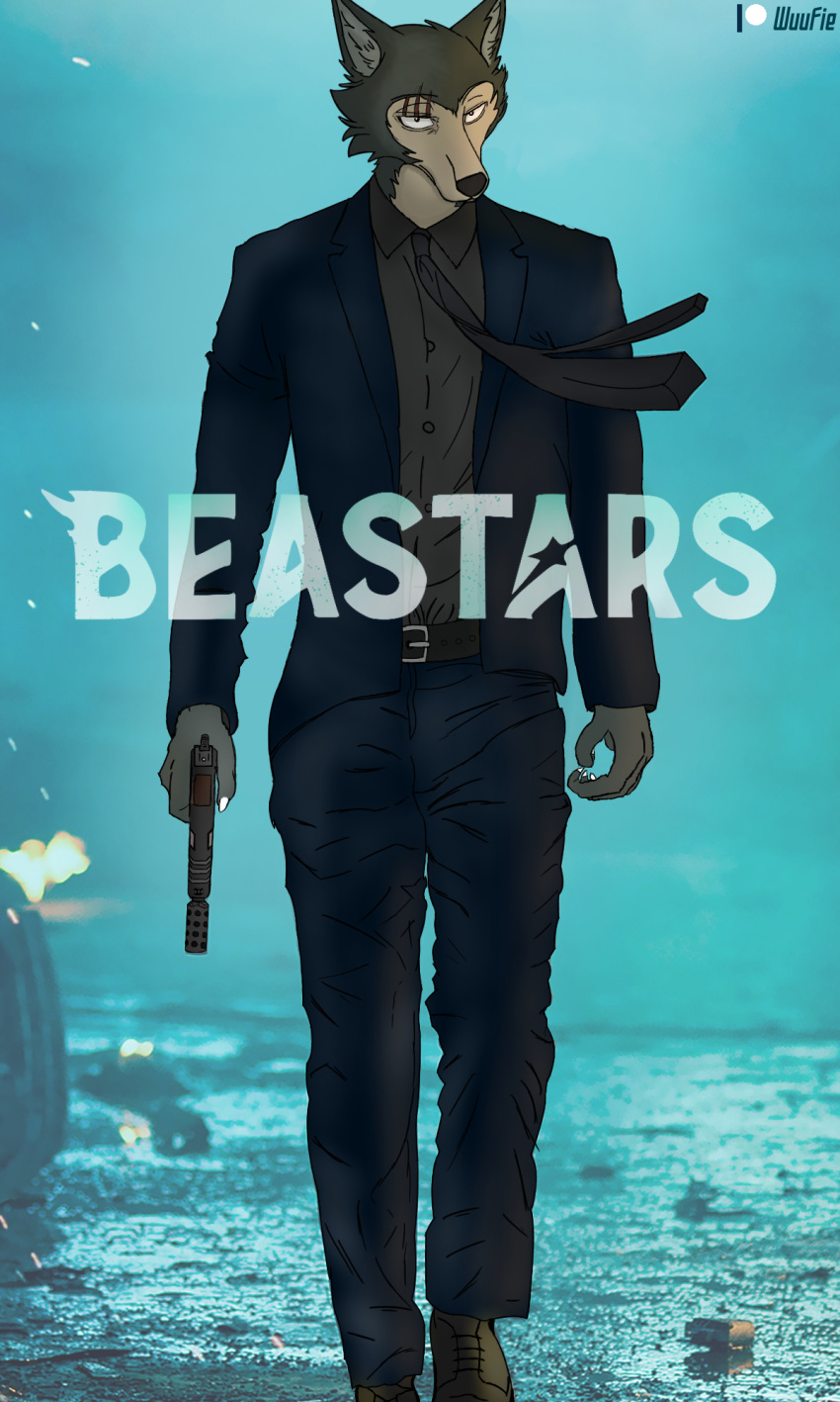 3:5 anthro beastars bottomwear canid canine canis clothed clothing colored_nails cosplay crossover crossover_cosplay eye_scar facial_scar fingernails fingers footwear front_view full-length_portrait fully_clothed glint gun hi_res holding_object holding_weapon john_wick legoshi_(beastars) logo looking_at_viewer male mammal movie_poster nails necktie pants photo_background photography_(artwork) portrait poster ranged_weapon scar serious shirt shoes signature snout solo suit topwear walking weapon white_nails wolf wuufie