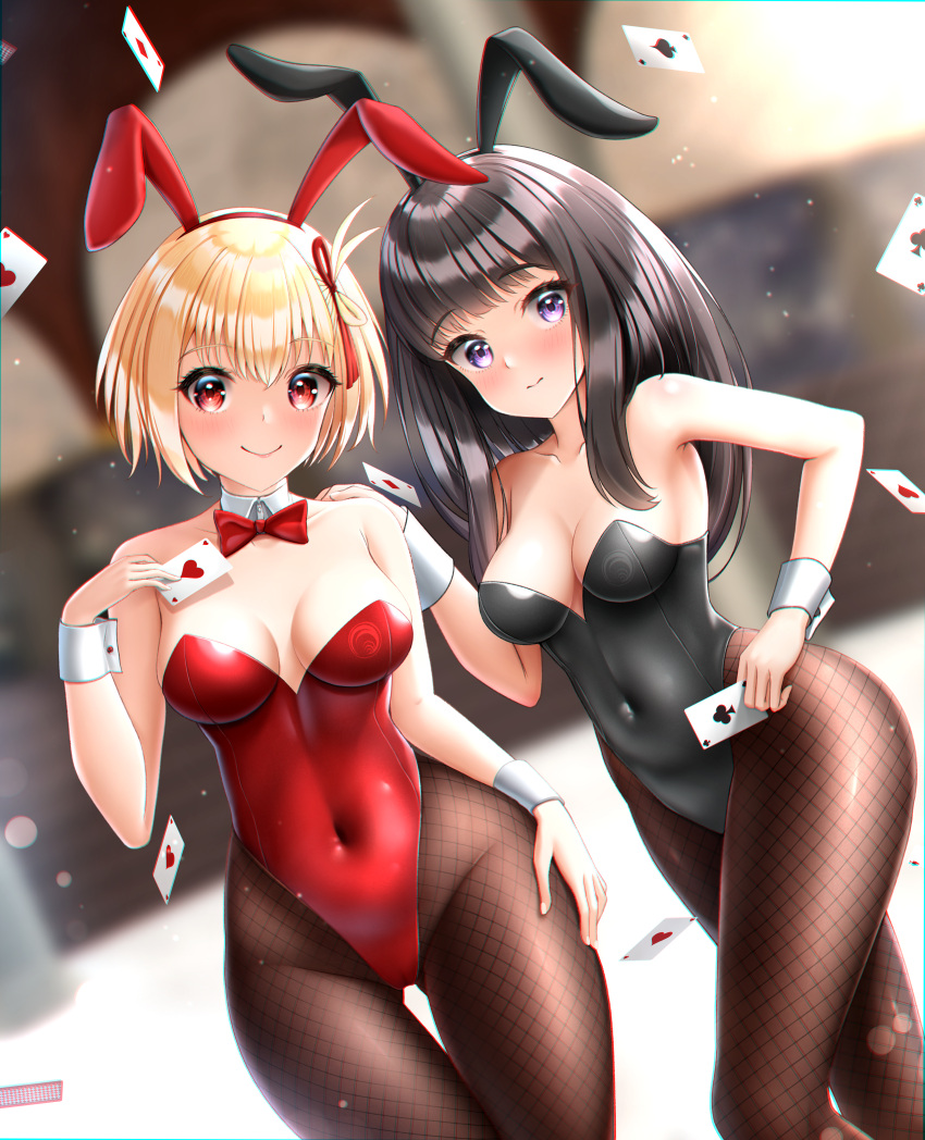 2girls absurdres ace_(playing_card) ace_of_clubs ace_of_hearts ace_of_spades animal_ears black_hair black_leotard blonde_hair bow bowtie breasts card cleavage club_(shape) commission covered_navel detached_collar dutch_angle fishnet_pantyhose fishnets heart highres inoue_takina itacho_(itasha_draws) leotard long_hair lycoris_recoil medium_breasts multiple_girls nishikigi_chisato pantyhose playboy_bunny playing_card purple_eyes rabbit_ears red_bow red_bowtie red_eyes red_leotard short_hair spade_(shape) strapless strapless_leotard thigh_gap wrist_cuffs