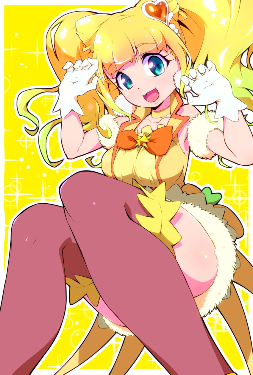 :d blonde_hair blue_eyes bow bowtie brooch brown_thighhighs choker cone_hair_bun cure_sparkle double_bun female gloves hair_bun hair_ornament healin'_good_precure heart heart_hair_ornament highres hiramitsu_hinata jewelry looking_at_viewer magical_girl open_mouth orange_bow precure ryuuta_(cure_ryuuta) skirt smile solo sparkle star_brooch thighhighs white_gloves yellow_background yellow_bow yellow_bowtie yellow_theme