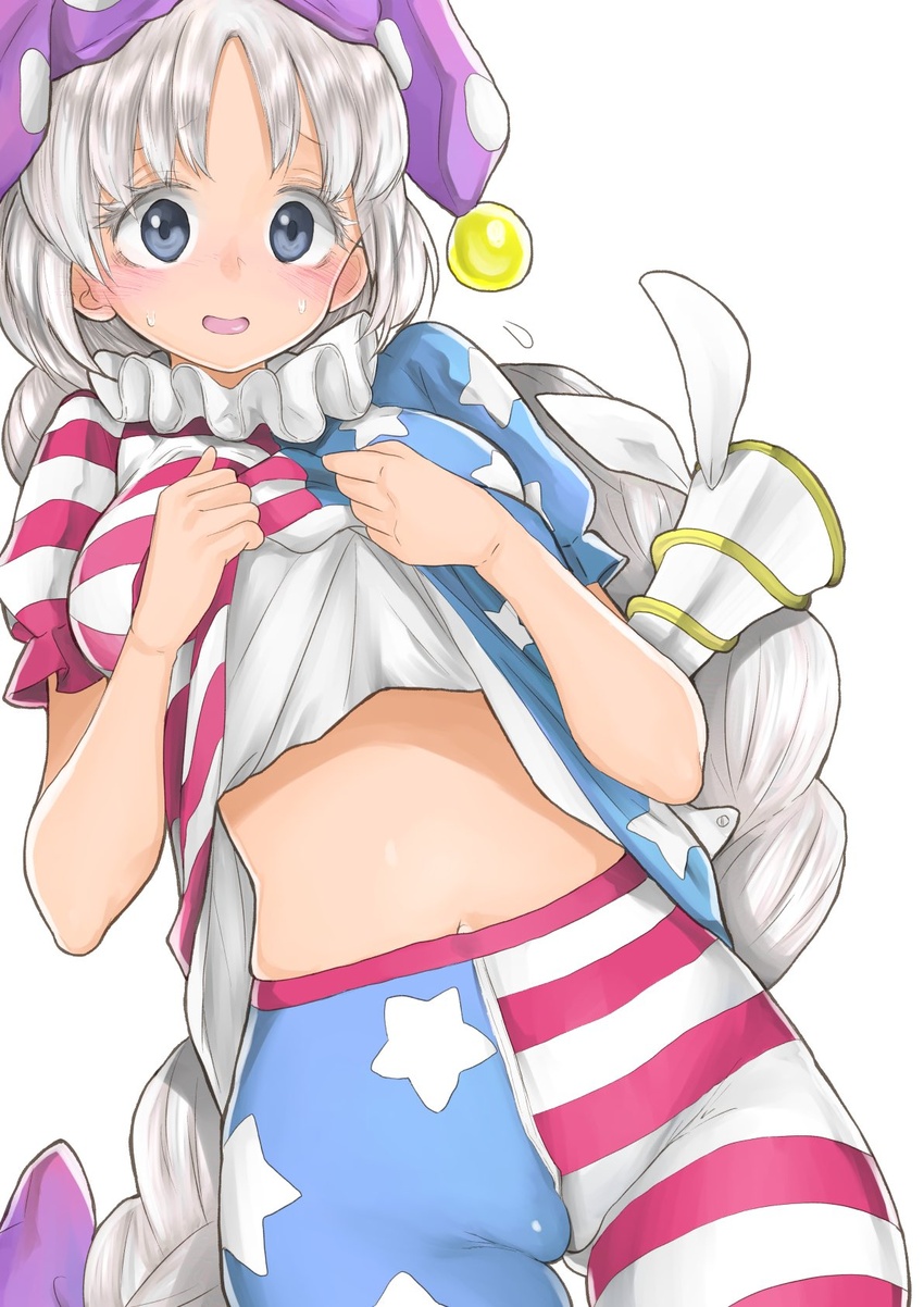 american_flag_dress american_flag_legwear ass_visible_through_thighs blush braid breasts cameltoe chikado clothes_lift clownpiece clownpiece_(cosplay) colored_eyelashes commentary cosplay cowboy_shot dress dress_lift female grey_eyes hat highres jester_cap large_breasts lifting_own_clothes long_hair looking_at_viewer lunatic_gun navel neck_ruff pantyhose polka_dot purple_hat simple_background single_braid solo star_(symbol) star_print stomach striped sweat touhou very_long_hair white_background white_hair yagokoro_eirin