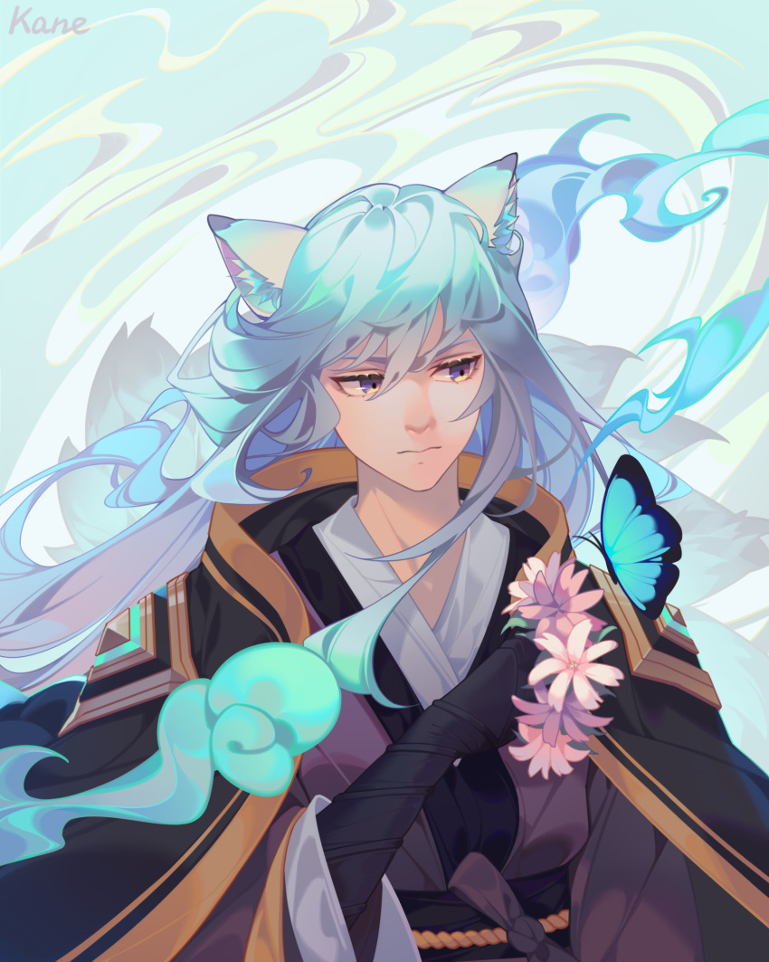 1boy animal_ears artist_name blue_butterfly bug butterfly closed_mouth flower fox_boy fox_ears gloves guardian_tales highres holding holding_flower kane_5g korean_clothes long_hair looking_to_the_side male_focus multicolored_hair multiple_tails nine_tailed_fox_garam tail upper_body