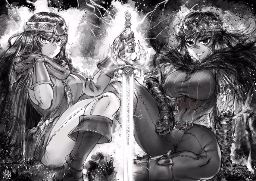 2girls abs age_progression aged_down ankle_boots aura before_and_after boots breasts cape closed_mouth crown diadem dual_persona empty_eyes gloves greyscale hair_between_eyes hand_on_hilt hand_up highres holding holding_sword holding_weapon large_breasts long_hair looking_at_viewer monochrome multiple_girls multiple_scars muscular muscular_female pants planted planted_sword ramia-yana ramia_(ramia-yana) scar signature sitting skin_tight smile sword the_golden_smurf weapon