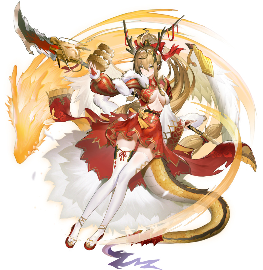 aged_up ahoge ark_order asymmetrical_sleeves bamboo_steamer baozi blonde_hair bow braid breasts bridal_gauntlets center_opening dragon dragon_horns dragon_tail dragon_wings eastern_dragon_tail feathered_wings female flats food full_body fur-trimmed_sleeves fur_trim gloves gold_trim hairbow high_ponytail highres holding holding_polearm holding_weapon horns large_breasts leg_ribbon long_hair long_sleeves looking_at_viewer low-tied_long_hair mismatched_sleeves official_art parted_lips polearm pppppan puffy_long_sleeves puffy_sleeves red_bow red_footwear red_gloves red_ribbon red_shirt red_skirt ribbon shirt skirt solo tachi-e tail thigh_ribbon thighhighs transparent_background variant_set very_long_hair weapon white_shirt white_thighhighs white_wings wide_sleeves wings yellow_eyes yinglong_(ark_order)