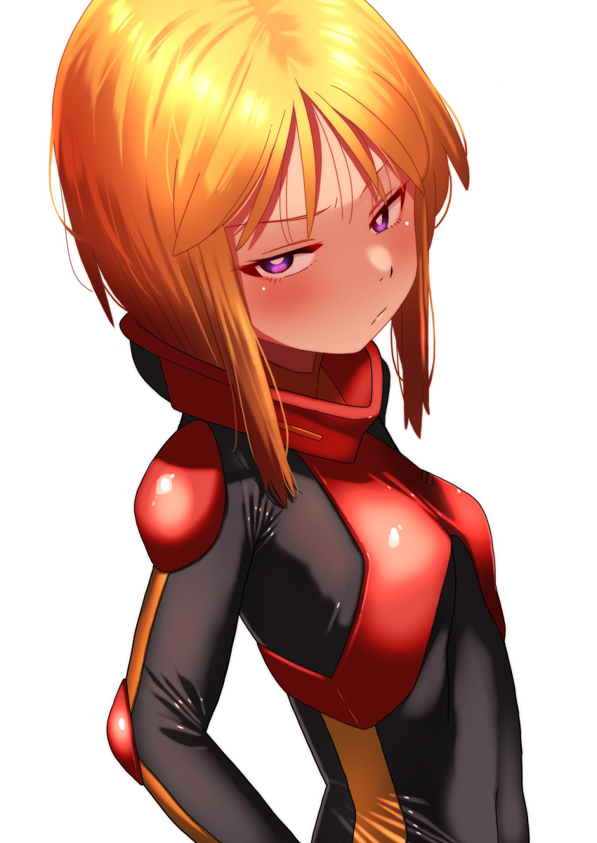 absurdres bodysuit bright_pupils covered_navel female gloves gundam gundam_zz hair_between_eyes highres onimaru_(onimal7802) orange_hair pilot_suit purple_eyes puru_two red_gloves short_hair sidelocks simple_background skin_tight solo white_background white_pupils