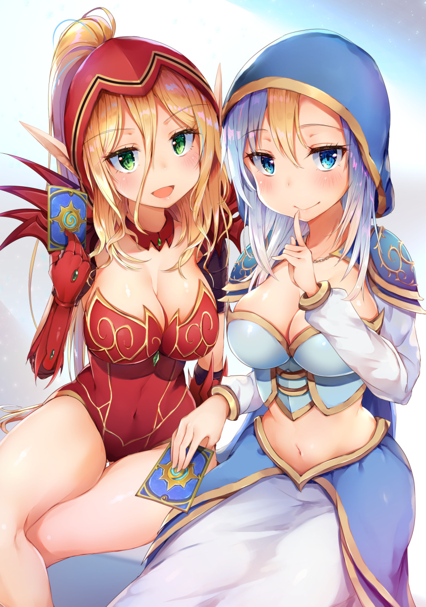 2girls airmisuzu armor armored_dress blonde_hair blood_elf_(warcraft) blue_eyes breasts cleavage crop_top elf gauntlets gem gold_trim green_eyes hearthstone highres hood human_(warcraft) jaina_proudmoore leotard multicolored_hair multiple_girls navel pointy_ears ponytail red_leotard shoulder_armor shoulder_pads two-tone_hair valeera_sanguinar warcraft world_of_warcraft