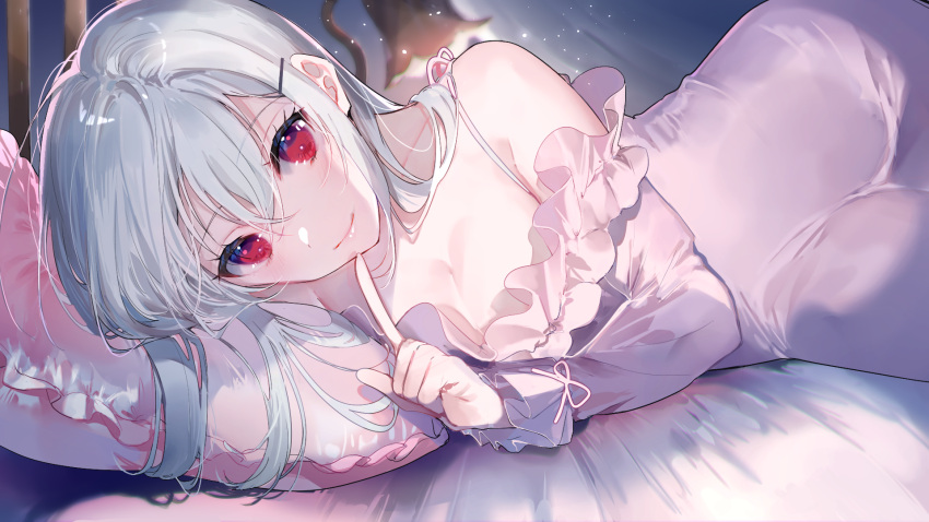 breasts cleavage closed_mouth commentary_request dress female finger_to_mouth grey_hair hair_ornament hairclip hakase_fuyuki highres lamp light_particles long_hair long_sleeves looking_at_viewer lying miwano_rag nijisanji off-shoulder_dress off_shoulder on_side pillow pink_dress red_eyes shushing smile solo spaghetti_strap upper_body virtual_youtuber