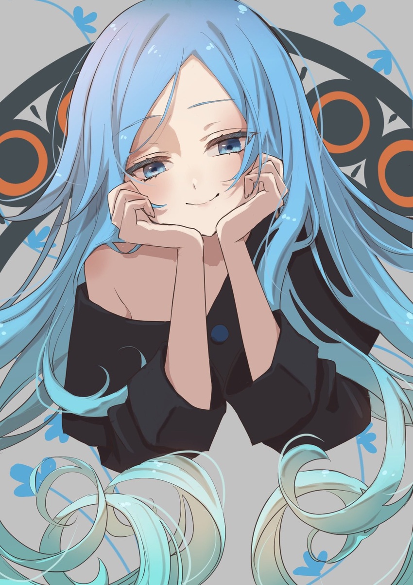 black_shirt blue_eyes blue_hair female hands_on_own_cheeks hands_on_own_chin hands_on_own_face head_rest highres kunagisa_tomo long_hair long_sleeves looking_at_viewer off_shoulder shirt smile solo tomoshibi_(rokugatsu) zaregoto_series