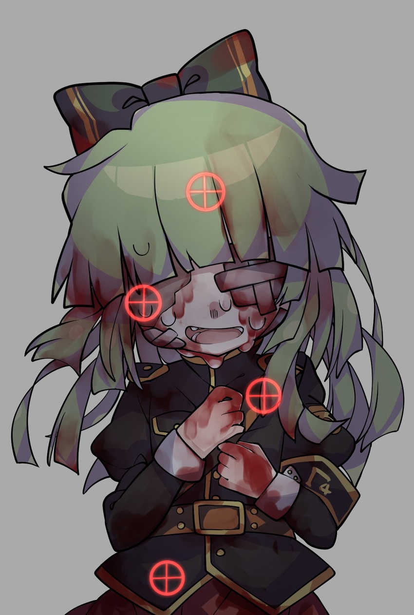 bandage_on_face bandages bandaid bandaid_on_face blood blood_on_clothes blood_on_face bow ciconia_no_naku_koro_ni covered_eyes female green_bow green_hair grey_background hairbow highres koshka_(ciconia) long_sleeves ningenimomusi open_mouth sleeve_cuffs solo sweat target