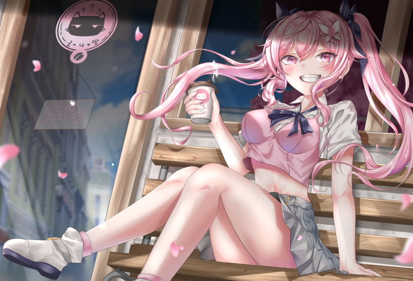 bare_legs bow breasts byeoljagga cherry_blossoms crop_top crop_top_overhang cup disposable_cup female grey_skirt grin hairbow highres holding indie_virtual_youtuber korean_commentary long_hair looking_at_viewer medium_breasts midriff miniskirt pink_eyes pink_hair pink_shirt pleated_skirt ronarona shirt shoes short_sleeves sidelocks skirt smile socks solo thighs twintails undershirt virtual_youtuber white_shirt