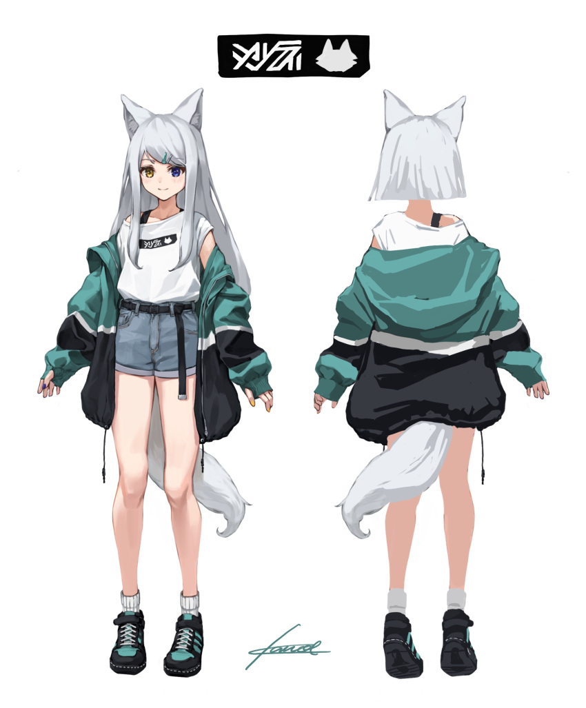 absurdres animal_ear_fluff animal_ears bare_legs belt black_eyes black_jacket blue_eyes blue_shorts blush bra_strap closed_mouth commission female fox_ears fox_girl fox_tail from_behind full_body green_jacket hair_ornament hairclip heterochromia highres jacket kanoe_(tatsukanoe) long_hair long_sleeves looking_at_viewer multiple_views open_clothes open_jacket original pixiv_commission shirt shoes short_hair short_shorts shorts signature simple_background sleeves_past_wrists smile sneakers socks standing swept_bangs tail white_background white_legwear white_shirt yellow_eyes