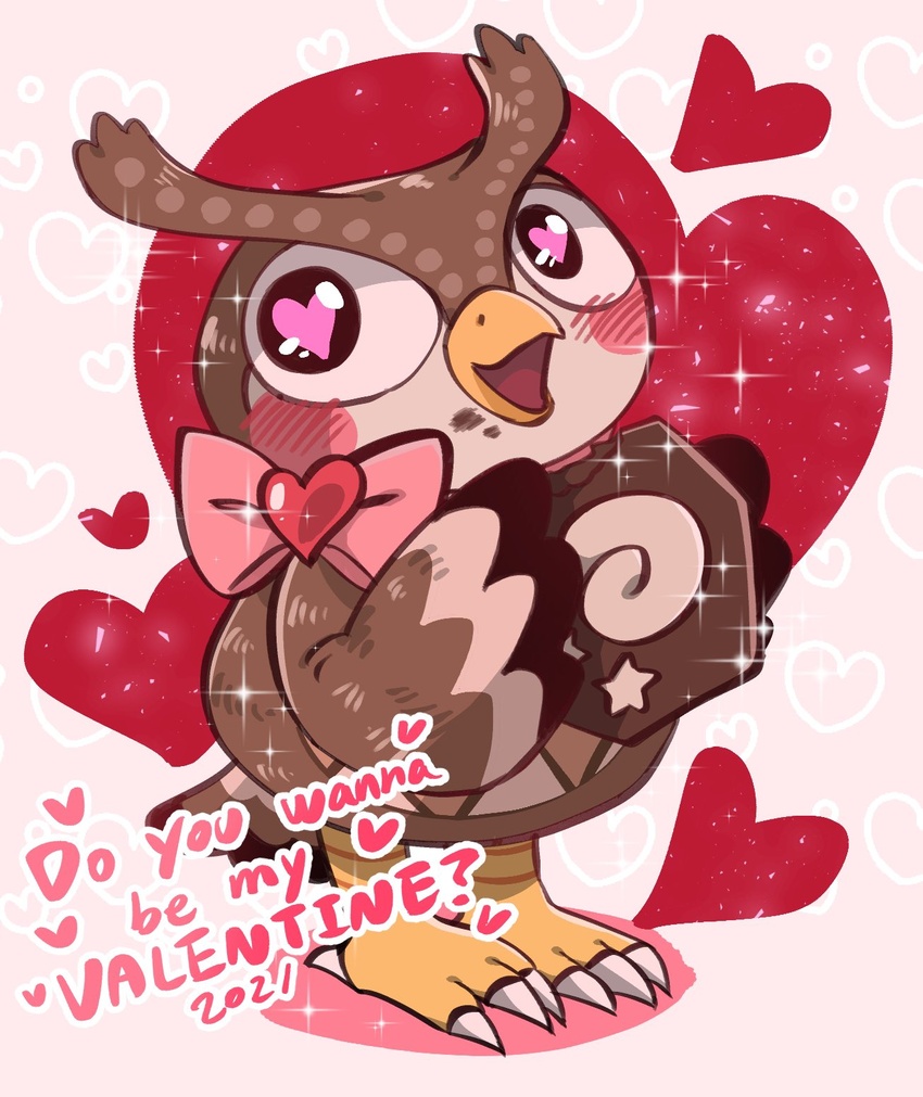 accessory animal_crossing anthro avian beak bird blathers_(animal_crossing) blush bow_(feature) bow_accessory chibi decorated_bow feet fossil heart_accessory heart_bow heart_eyes heart_symbol hearts_around_text hi_res holidays male nintendo owl shandrawaka shanutaka solo talons text_with_heart toes unidentified_fossil_(animal_crossing) valentine's_day