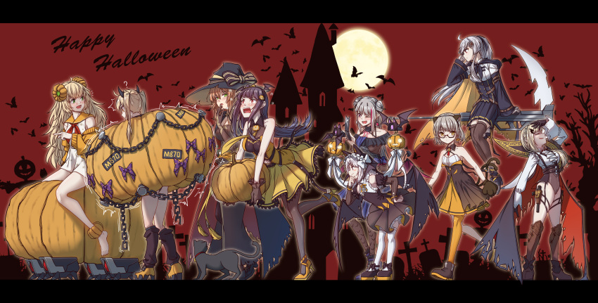 6+girls a_bao absurdres animal_ears animal_hands anti-materiel_rifle bat_wings black_gloves black_pantyhose black_thighhighs blonde_hair bolt_action breasts brown_hair cellphone chains detached_sleeves dinergate_(girls'_frontline) double_bun dress fake_animal_ears feline flip_phone girls'_frontline gloves green_eyes grey_hair gun hair_bun halloween_costume happy_halloween hat highres holding holding_phone iws_2000_(girls'_frontline) iws_2000_(the_seventh_sealer)_(girls'_frontline) jack-o'-lantern large_breasts long_hair m870_(girls'_frontline) m870_(pumpkin_fortress)_(girls'_frontline) mdr_(ghost_trap)_(girls'_frontline) mdr_(girls'_frontline) medium_breasts multicolored_hair multiple_girls non-humanoid_robot official_alternate_costume one_eye_closed p7_(girls'_frontline) p7_(sister_gunslinger)_(girls'_frontline) pantyhose paw_gloves phone pink_eyes purple_eyes purple_hair red_eyes red_hair rifle robot s.a.t.8_(girls'_frontline) s.a.t.8_(pumpkin_skewers)_(girls'_frontline) sangvis_ferri short_hair sidelocks single_thighhigh sleeveless sleeveless_dress sniper_rifle springfield_(classic_witch)_(girls'_frontline) springfield_(girls'_frontline) steyr steyr_iws_2000 streaked_hair thighhighs twintails vector_(girls'_frontline) vector_(kitty_paws)_(girls'_frontline) wa2000_(girls'_frontline) wa2000_(haunted_castle)_(girls'_frontline) weapon welrod_mkii_(girls'_frontline) welrod_mkii_(lord_of_shadow)_(girls'_frontline) white_legwear wings witch_hat yellow_dress yellow_eyes