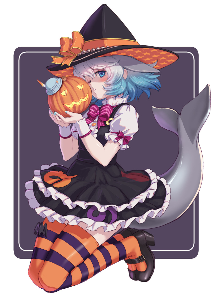 black_dress blue_eyes blue_hair bow bowtie bucket_hat cetacean_tail collar commentary common_bottlenose_dolphin_(kemono_friends) dolphin_girl dress english_commentary female fins fish_tail frilled_collar frilled_dress frills hat high_collar highres jack-o'-lantern japari_symbol kemono_friends kemono_friends_3 kosai_takayuki looking_at_viewer multicolored_hair official_alternate_costume one_eye_closed orange_thighhighs puffy_short_sleeves puffy_sleeves purple_thighhighs red_bow red_bowtie short_hair short_sleeves sleeve_cuffs solo striped_clothes striped_thighhighs tail thighhighs two-tone_dress two-tone_legwear white_dress white_hair witch witch_hat zettai_ryouiki