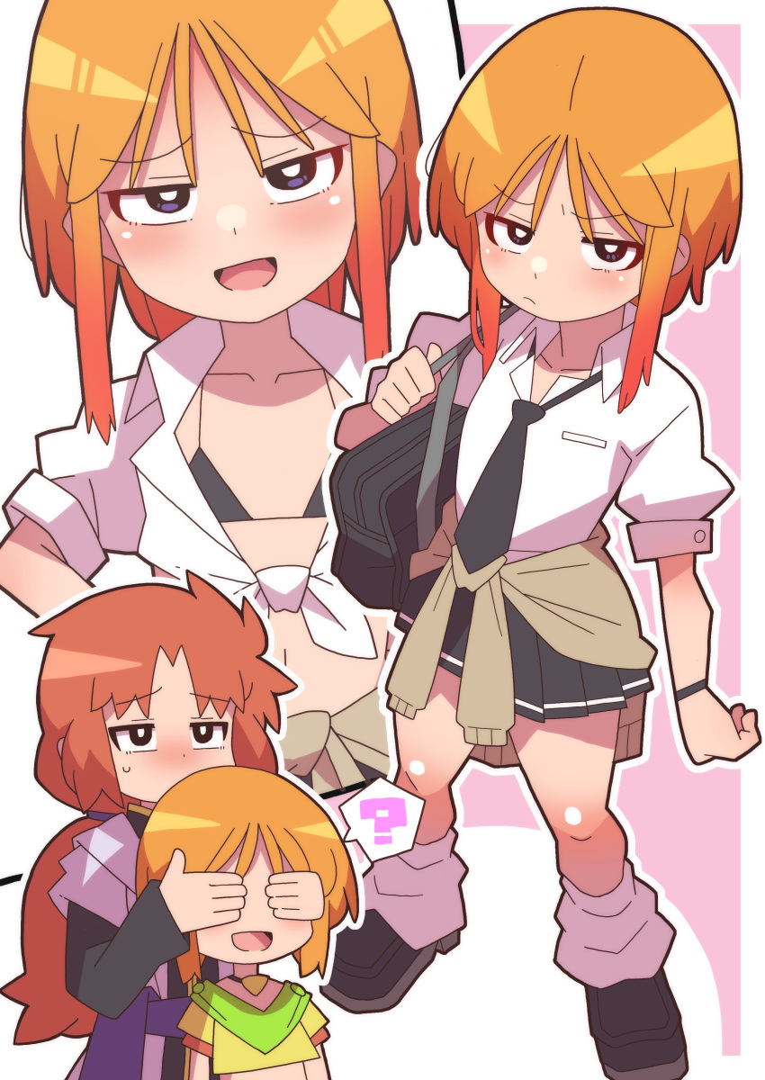 3girls absurdres bright_pupils brown_hair covering_another's_eyes elpeo_puru gundam gundam_unicorn gundam_zz hair_between_eyes highres marida_cruz multiple_girls multiple_views onimaru_(onimal7802) orange_hair puru_two short_hair sidelocks white_pupils