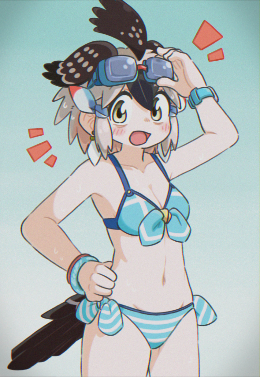 +++ absurdres adjusting_eyewear appleq arm_up bangle bikini black_hair bracelet breasts cleavage collarbone commentary female film_grain front-tie_bikini_top front-tie_top goggles goggles_on_head greater_roadrunner_(kemono_friends) grey_hair hair_between_eyes hair_tubes hand_on_eyewear hand_up head_wings highres jewelry kemono_friends kemono_friends_2 looking_at_viewer medium_hair multicolored_hair navel open_mouth side-tie_bikini_bottom small_breasts solo stomach striped_bikini striped_clothes swimsuit watch wet wings wristwatch yellow_eyes