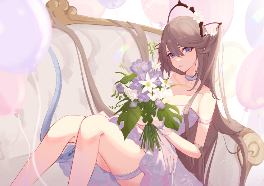 absurdres alternate_costume aoi_tooru arknights balloon blue_eyes bouquet breasts brown_hair choker cleavage collarbone couch dress feet_out_of_frame female flower gloves highres holding holding_bouquet indigo_(arknights) knees_up long_hair looking_at_viewer on_couch parted_lips solo tail thigh_strap very_long_hair white_choker white_dress white_flower white_gloves