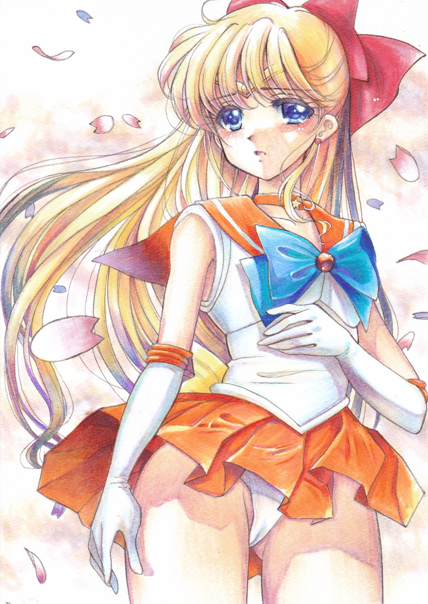 aino_minako ass_visible_through_thighs bishoujo_senshi_sailor_moon blonde_hair blue_eyes bow cameltoe choker female gloves graphite_(medium) hairbow highres leotard leotard_peek magical_girl marker_(medium) parted_lips petals pleated_skirt red_bow sailor_collar sailor_senshi_uniform sailor_venus skirt solo tomoeri traditional_media upskirt wind