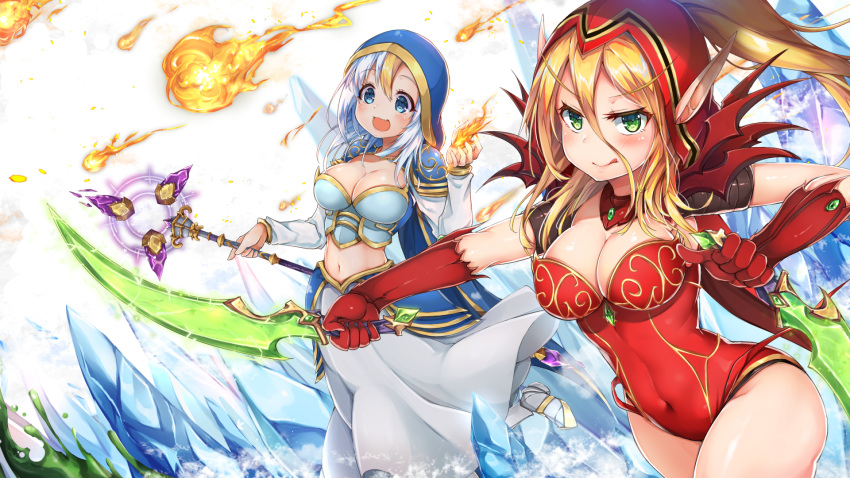 2girls airmisuzu armor armored_dress blonde_hair blue_eyes dagger dual_wielding gauntlets gold_trim green_eyes hearthstone highres holding holding_weapon hood jaina_proudmoore knife leotard long_hair magic multicolored_hair multiple_girls pointy_ears shoulder_armor staff two-tone_hair valeera_sanguinar warcraft weapon