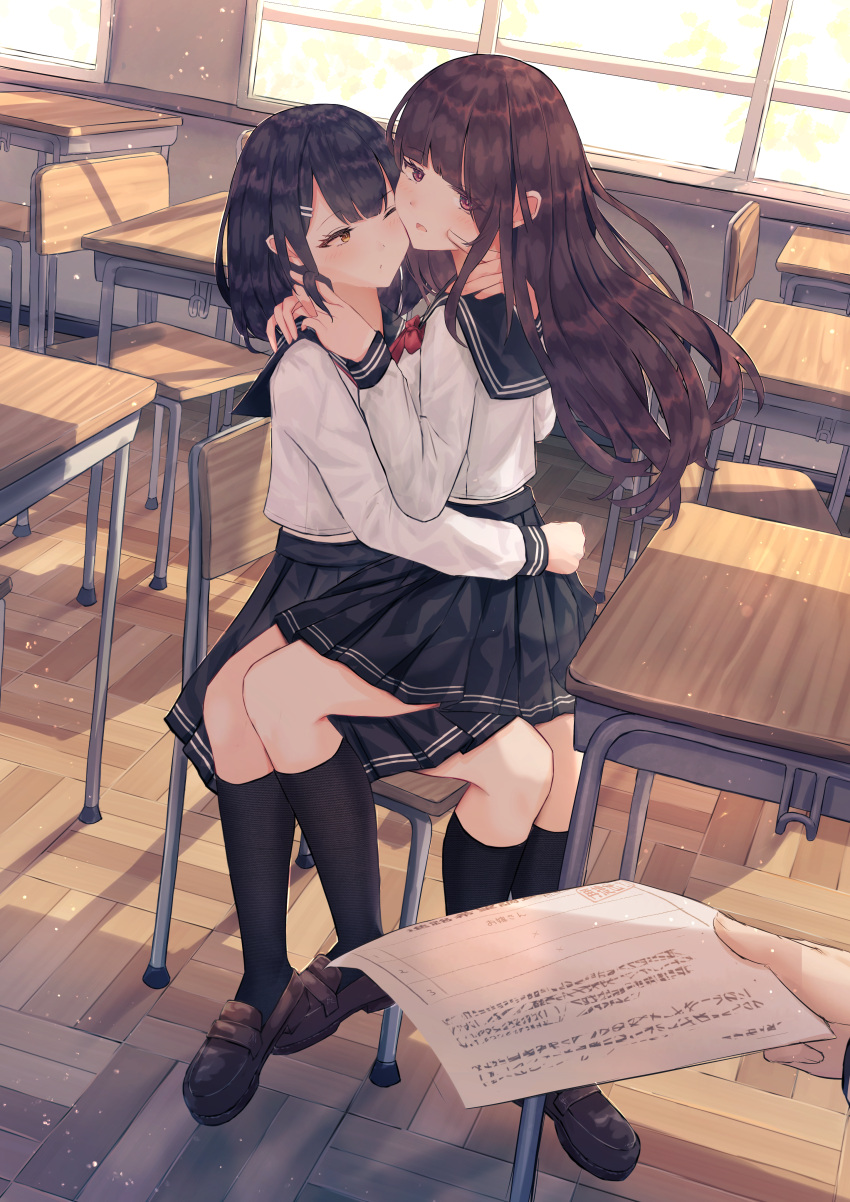 1other 2girls absurdres benevole black_hair black_socks brown_eyes brown_footwear brown_hair chair classroom commentary_request desk hair_ornament hairclip highres holding holding_paper hug indoors mixed-language_commentary multiple_girls one_eye_closed open_mouth original paper pink_eyes sailor_collar school school_uniform serafuku shoes sitting sitting_on_lap sitting_on_person socks window yuri