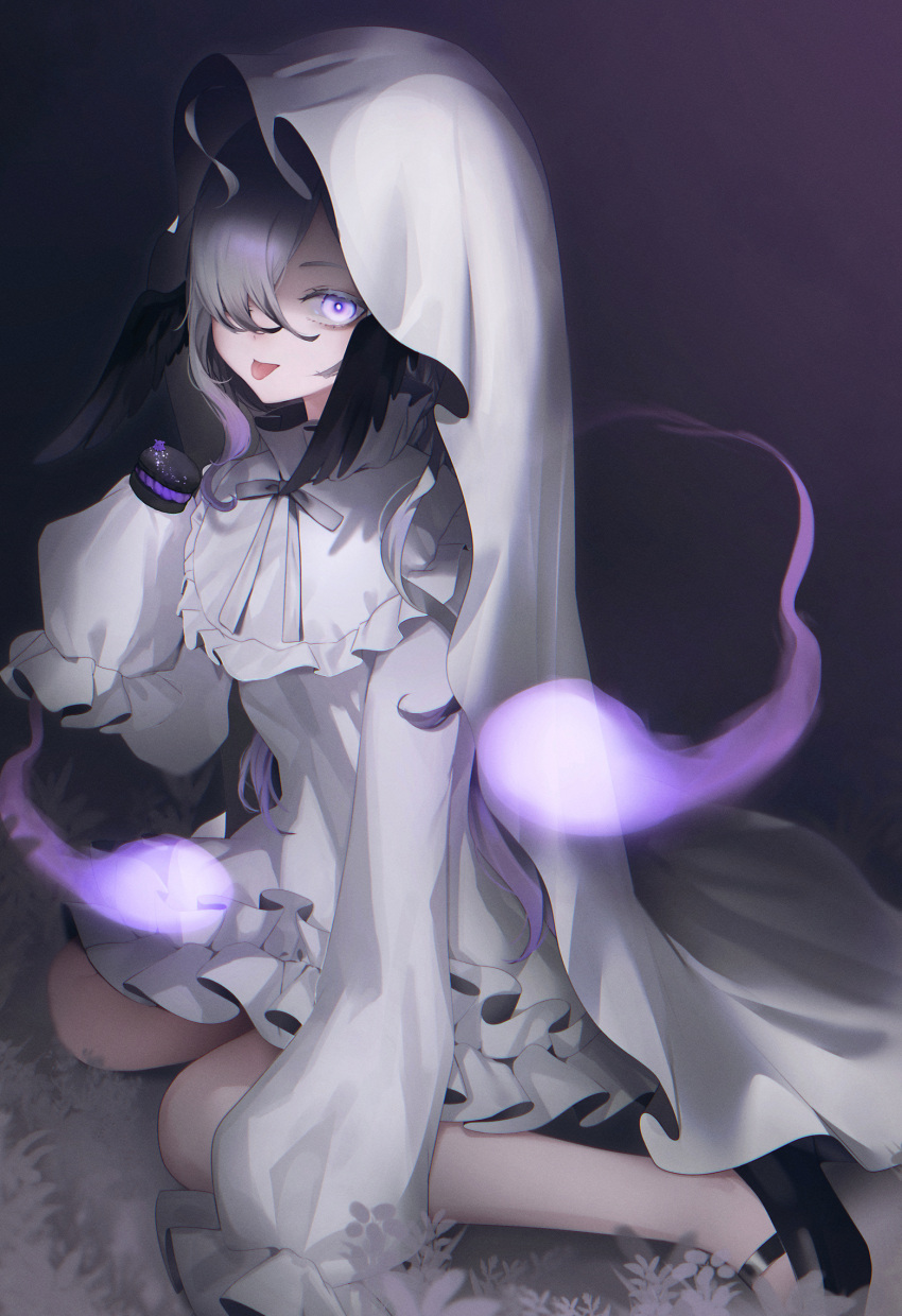 :p black_footwear blanket bow bowtie dress female ghost grey_bow grey_bowtie grey_ribbon hair_over_one_eye hand_up highres long_sleeves looking_at_viewer migihidari_(puwako) neck_ribbon one_eye_covered original purple_eyes rapute_(migihidari) ribbon shoes sitting sleeves_past_fingers sleeves_past_wrists solo tongue tongue_out white_dress