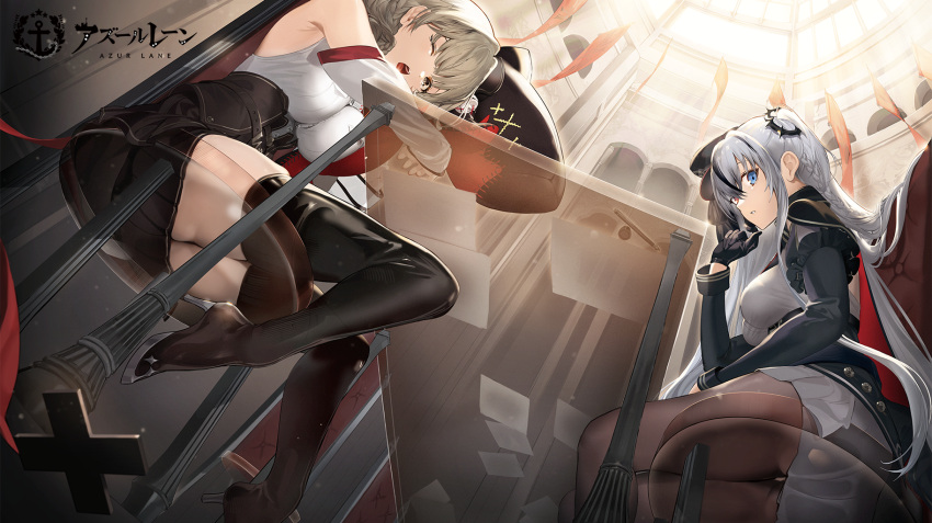 2girls azur_lane bad_id bad_pixiv_id bare_shoulders belt black_footwear black_gloves black_headwear black_legwear black_skirt black_sleeves blonde_hair blue_eyes boots braid breast_pocket breasts chair closed_mouth coat coat_on_shoulders commentary_request copyright_name cross detached_sleeves dutch_angle elbing_(azur_lane) feet_out_of_frame foot_out_of_frame from_below glass_chair glass_table gloves grey_coat grey_hair grey_shirt hair_ornament hand_up hat heterochromia high_heel_boots high_heels highres hugging_doll hugging_object indoors iron_cross large_breasts loading_screen long_hair looking_at_viewer luetzow_(azur_lane) mini_hat miniskirt multiple_girls official_art on_chair one_eye_closed open_mouth pantyhose paper pocket red_eyes see-through shirt shokuen_(oxstl) sidelocks sitting skindentation skirt sleeveless sleeveless_shirt table thigh_boots thighhighs transparent_seat two_side_up very_long_hair white_shirt white_skirt white_sleeves