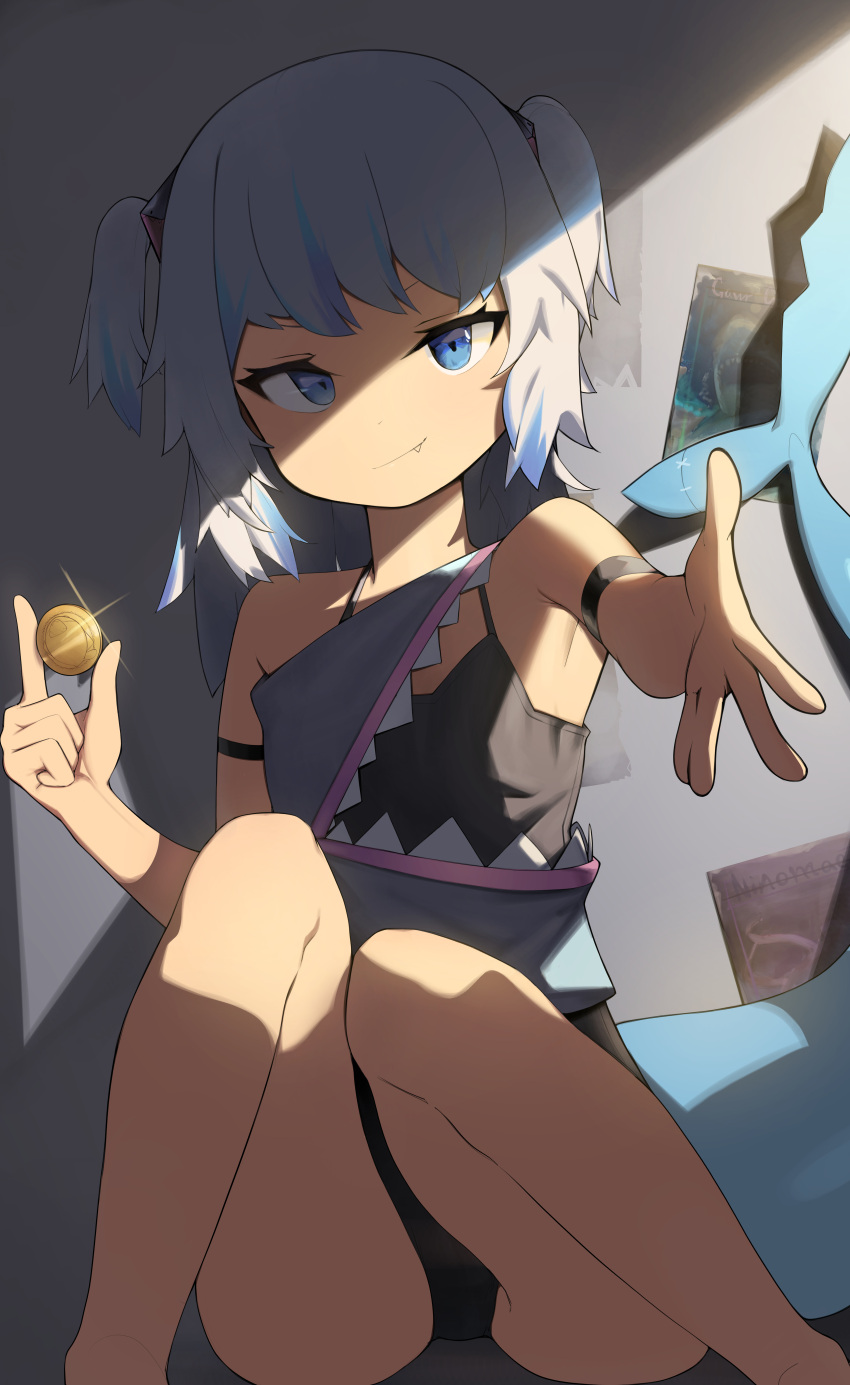 absurdres alternate_costume arm_strap bare_legs barefoot black_one-piece_swimsuit blue_eyes blue_hair blue_shirt blue_tail closed_mouth coin commentary english_commentary female fins fish_tail flat_chest gawr_gura glint grey_hair highres holding holding_coin hololive hololive_english knees_together_feet_apart legs light looking_at_viewer medium_hair multicolored_hair oerba_yun_fang one-piece_swimsuit outstretched_hand shade shark shark_tail shirt single_strap sitting smile smirk solo streaked_hair swimsuit swimsuit_under_clothes tail thighs tonki two-tone_hair two_side_up virtual_youtuber