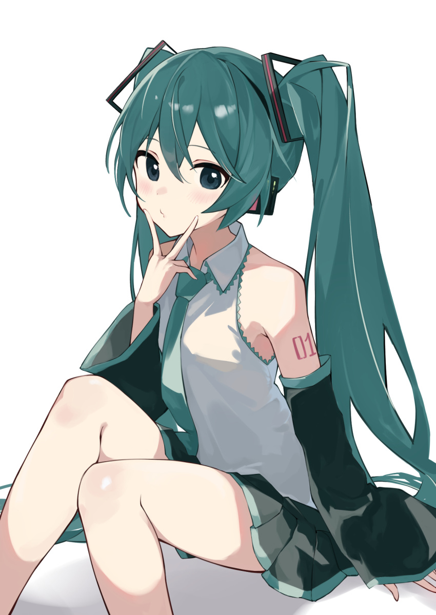 aqua_eyes aqua_hair aqua_necktie bad_id bad_pixiv_id bare_legs bare_shoulders black_skirt black_sleeves breasts closed_mouth collared_shirt commentary detached_sleeves female finger_to_own_chin grey_shirt hair_between_eyes hair_ornament hatsune_miku headphones highres light_blush long_hair looking_at_viewer necktie number_tattoo pleated_skirt rakugaki_ningen shirt shoulder_tattoo sitting skirt sleeveless sleeveless_shirt small_breasts solo tattoo twintails v very_long_hair vocaloid white_background wide_sleeves