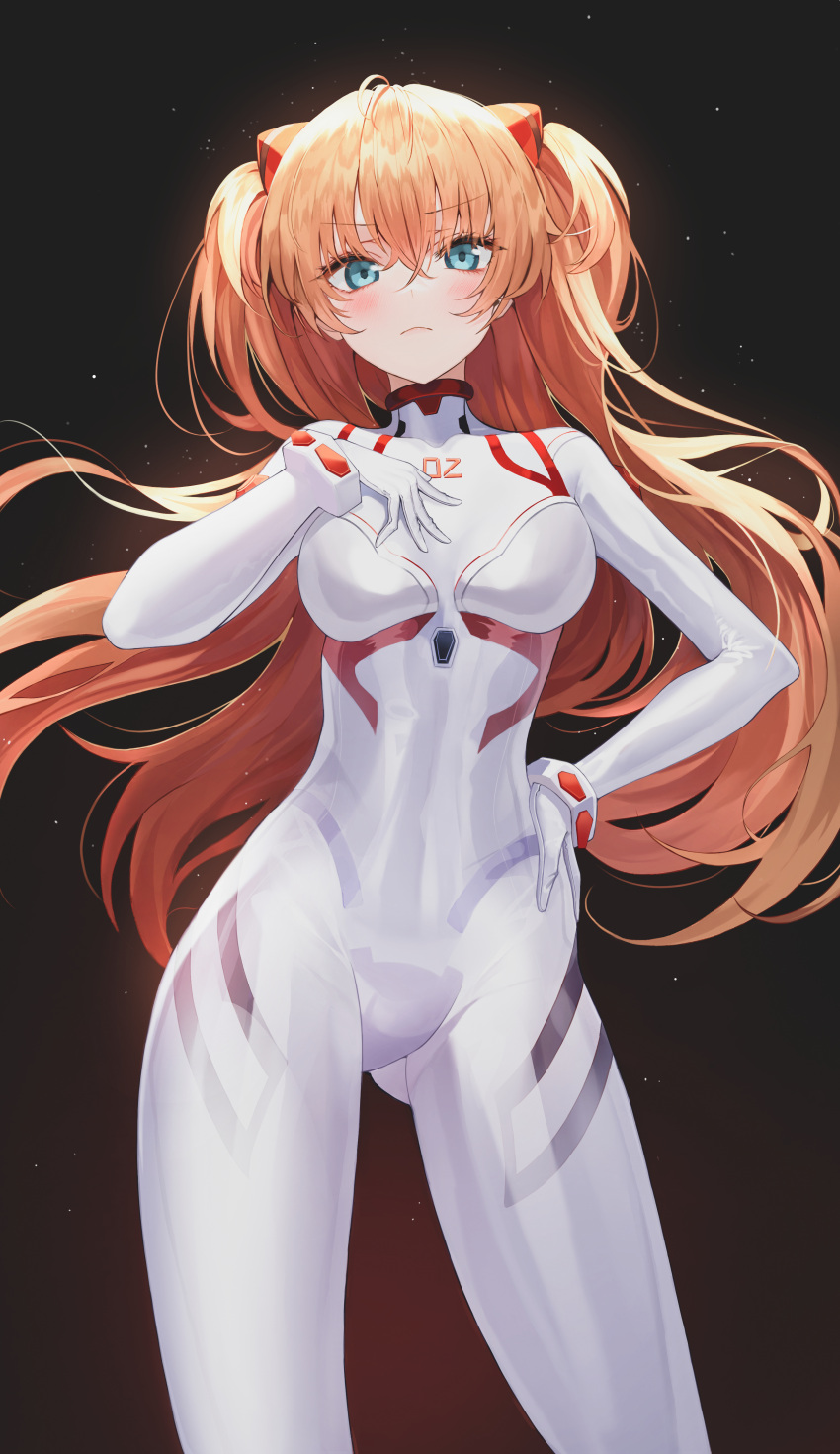 absurdres ahoge ass_visible_through_thighs black_background blue_eyes blush bodysuit breasts brown_hair closed_mouth commentary cowboy_shot evangelion:_3.0+1.0_thrice_upon_a_time eyepatch female hair_between_eyes hair_ornament hand_on_own_chest hand_on_own_hip headgear highres long_hair looking_at_viewer medium_breasts neon_genesis_evangelion orange_hair pilot_suit plugsuit rebuild_of_evangelion science_fiction shaffelli simple_background skin_tight solo souryuu_asuka_langley standing two_side_up white_bodysuit