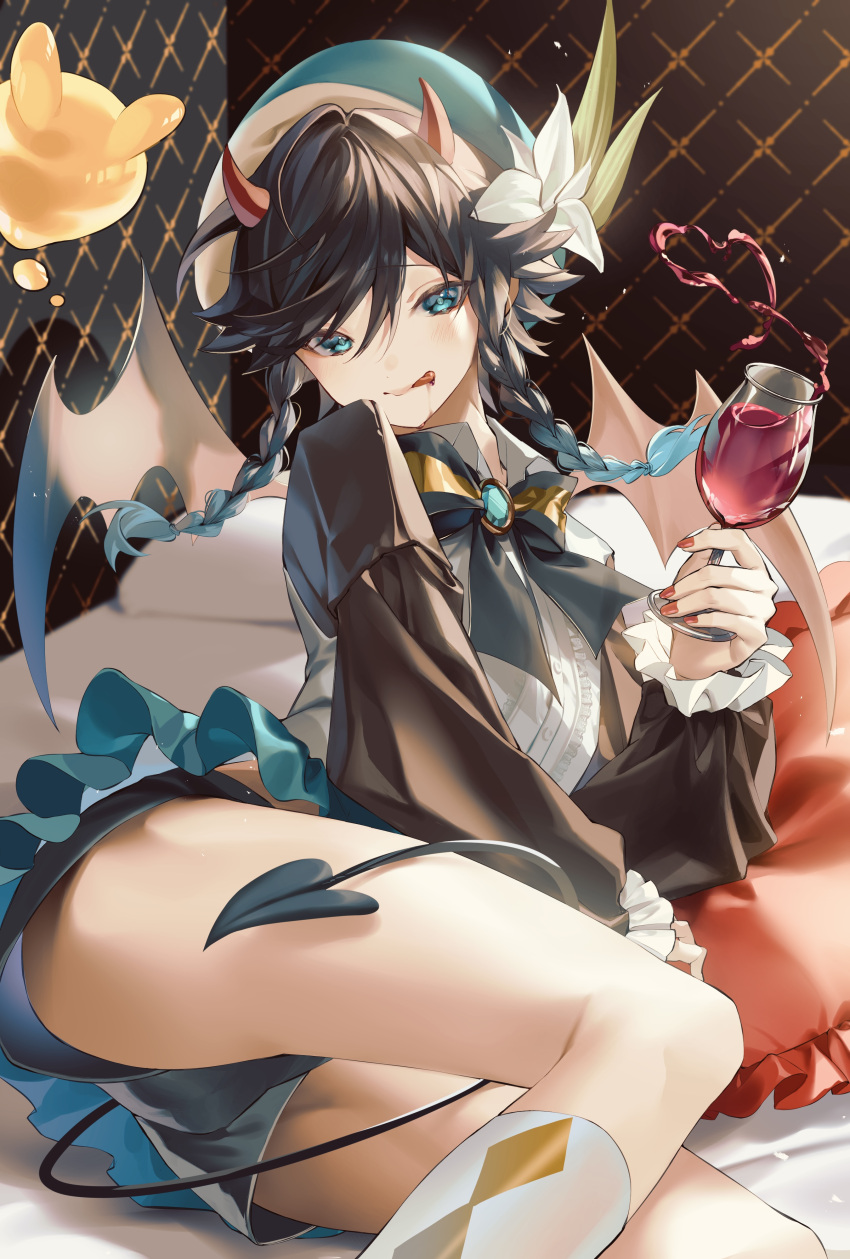 1boy absurdres blood blue_eyes braid cup flower genshin_impact halloween halloween_costume highres holding holding_cup horns licking_lips looking_at_viewer male_focus multicolored_hair on_bed otoko_no_ko pillow sainome_(imveryfinethx) tail tongue tongue_out twin_braids two-tone_hair venti_(genshin_impact) venti_(halloween)_(genshin_impact) white_flower