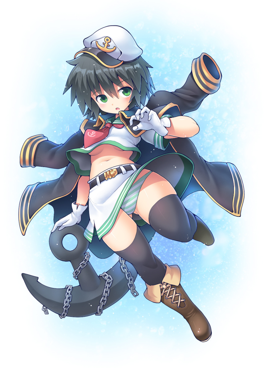 anchor anchor_print anchor_symbol black_coat black_hair black_thighhighs breasts brown_footwear chains coat commentary_request cross-laced_footwear female full_body gloves green_eyes green_panties hat highres kurogarasu looking_at_viewer medium_breasts murasa_minamitsu navel necktie open_mouth panties pantyshot peaked_cap red_necktie sailor_hat short_hair short_sleeves skirt solo striped_clothes striped_panties sunken_fossil_world thighhighs touhou underboob underwear white_gloves white_hat white_panties white_skirt