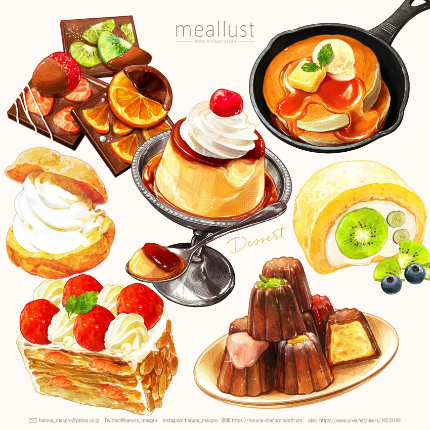 almond blueberry butter cake canele cherry chocolate chocolate_strawberry cream cream_puff email_address english_text food food_focus fruit frying_pan garnish haruna_macpro highres ice_cream instagram_username kiwi_(fruit) kiwi_slice mille-feuille no_humans orangette original pancake pixiv_id pudding simple_background sparkle spoon still_life strawberry swiss_roll syrup twitter_username white_background wooden_plate