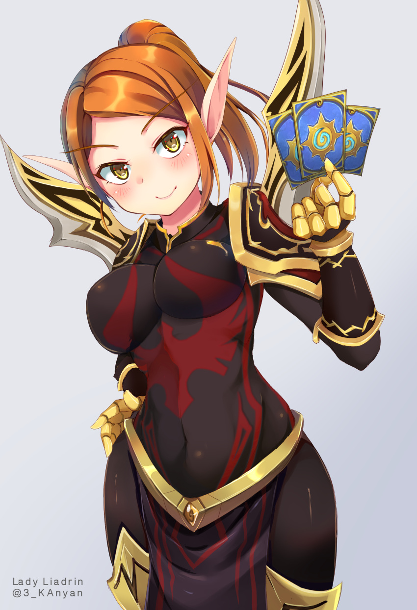 absurdres airmisuzu armor blood_elf_(warcraft) elf female gauntlets gold gold_trim hearthstone highres holding lady_liadrin looking_at_viewer orange_hair pointy_ears ponytail shoulder_armor tabard warcraft yellow_eyes