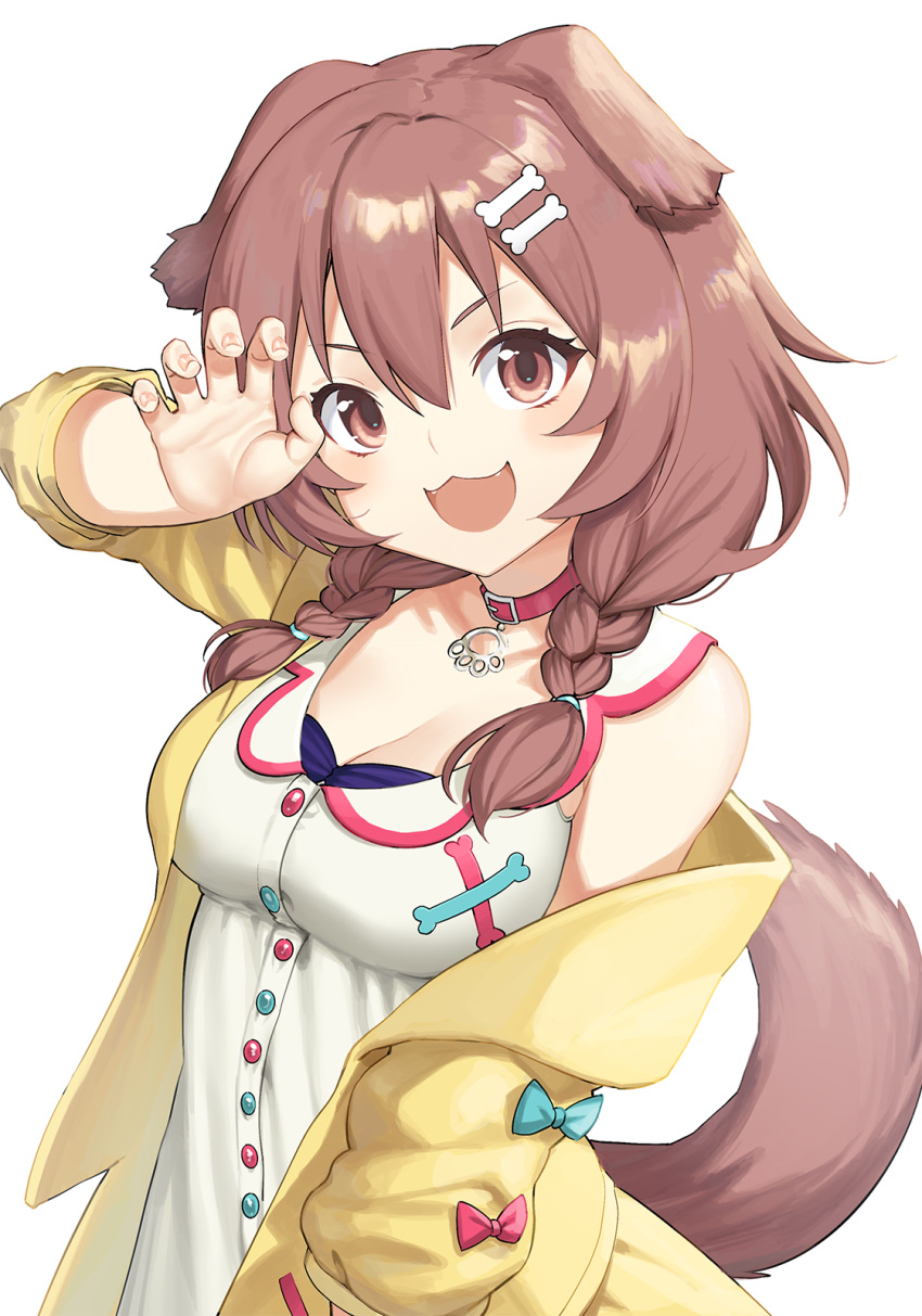 9nojo :3 :d animal_collar animal_ears arm_up bare_shoulders blue_bow blush bone_hair_ornament bow braid breasts brown_eyes brown_hair cleavage collar collarbone commentary dog_ears dog_girl dog_tail dress fangs female hair_between_eyes hair_ornament hair_over_shoulder hairclip highres hololive inugami_korone inugami_korone_(1st_costume) jacket long_hair long_sleeves looking_at_viewer medium_breasts off_shoulder open_clothes open_mouth red_collar simple_background sleeveless sleeveless_dress smile solo tail twin_braids upper_body virtual_youtuber white_background yellow_jacket