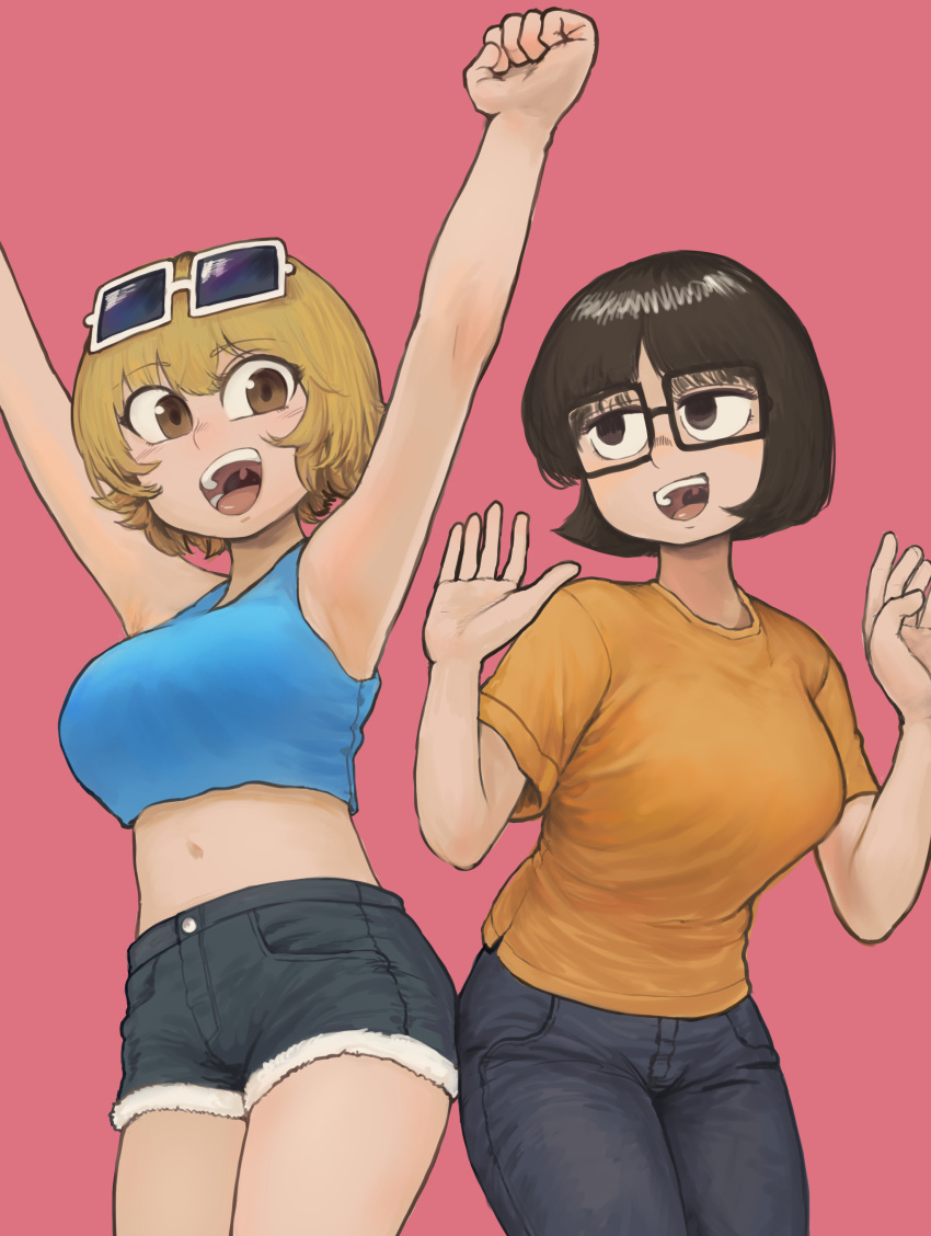 2girls :d absurdres armpits arms_up black-framed_eyewear black_eyes black_pants black_shorts blonde_hair blue_shirt bob_cut breasts brown_eyes brown_hair chanta_(ayatakaoisii) cowboy_shot crop_top eyewear_on_head glasses hands_up highres jitome large_breasts legs_together looking_at_viewer medium_hair midriff multiple_girls navel orange_shirt original pants pink_background purple-tinted_eyewear rectangular_eyewear shino_(watch_out!_death_flag!) shirt short_shorts shorts simple_background smile sunglasses tinted_eyewear watch_out!_death_flag!_(chanta) white-framed_eyewear youko_(watch_out!_death_flag!)